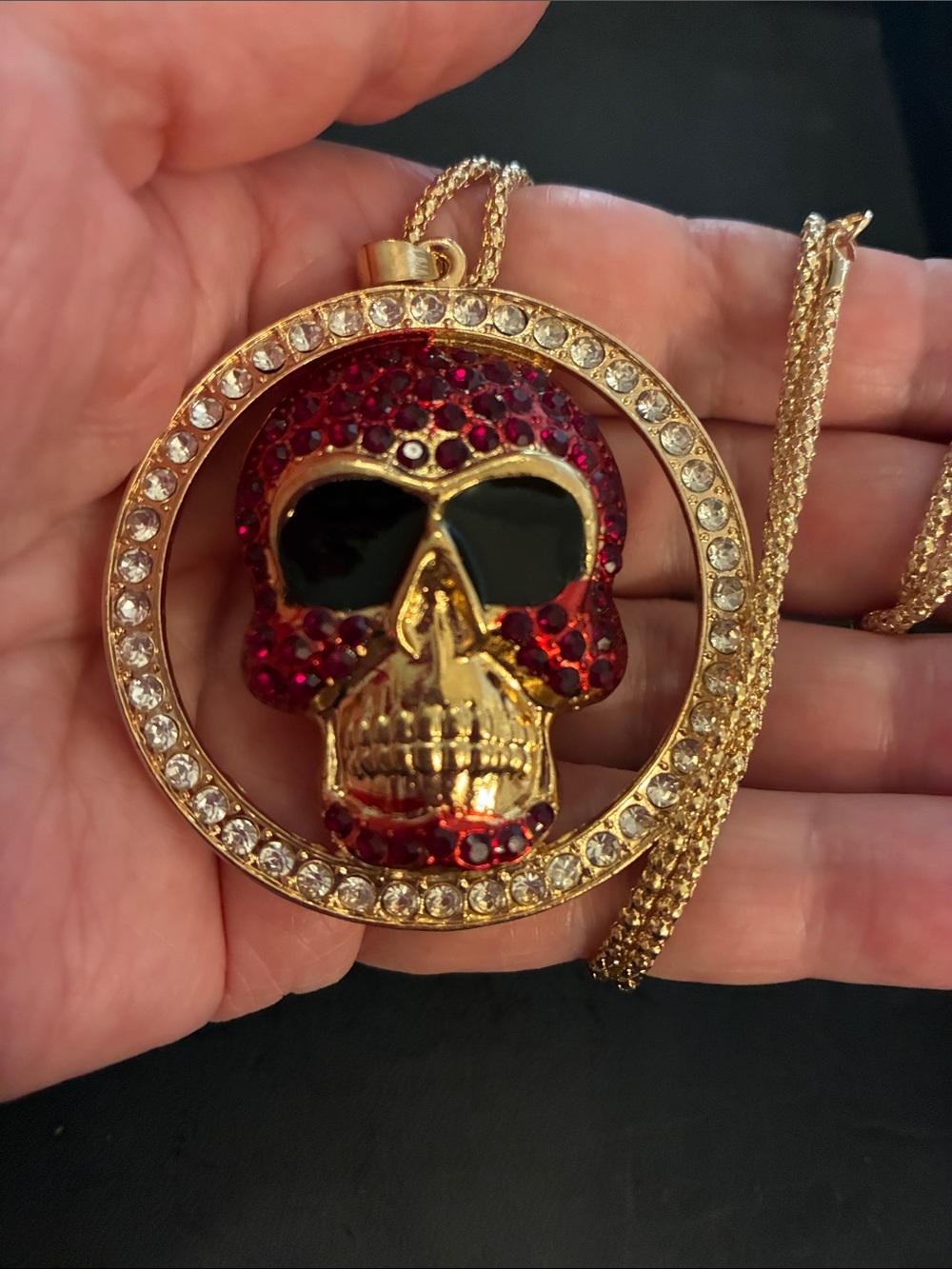 Gold-Tone Red Crystal Skull Pendant Necklace
